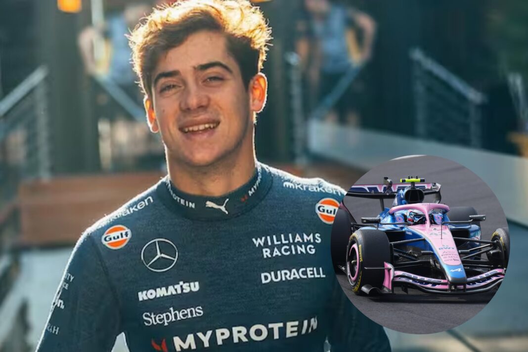 Franco Colapinto junto al auto de Fórmula 1 Alpine en el circuito de Palermo, Buenos Aires.