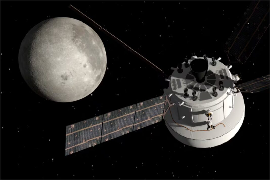 Ilustración de la cápsula Orion de la NASA durante el reingreso a la atmósfera terrestre.