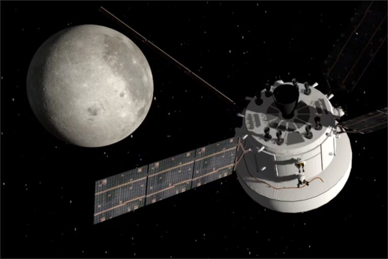 Ilustración de la cápsula Orion de la NASA durante el reingreso a la atmósfera terrestre.