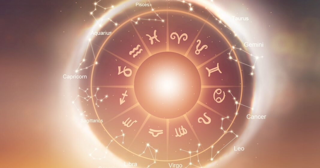 Ilustración de los doce signos del zodiaco dispuestos en un círculo.