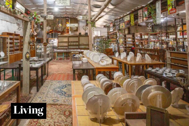 Fachada de una casona histórica y objetos decorativos en un local de Capilla del Señor, Buenos Aires