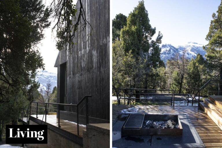 Casa de madera negra con vista al lago Meliquina y bosque nativo en el Parque Nacional Lanín