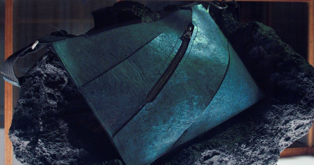 Bolso de diseño creado con cuero cultivado en laboratorio a partir de proteína reconstruida del dinosaurio T-Rex