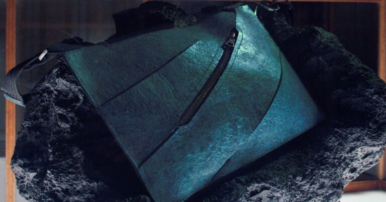 Bolso de diseño creado con cuero cultivado en laboratorio a partir de proteína reconstruida del dinosaurio T-Rex