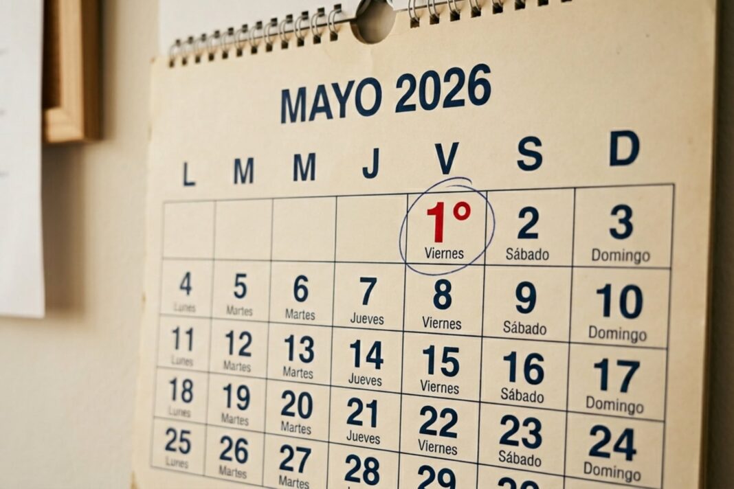 Calendario de mayo 2026 con el feriado del Día del Trabajador marcado el viernes 1