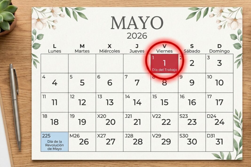 Calendario argentino con el feriado del 1 de mayo marcado