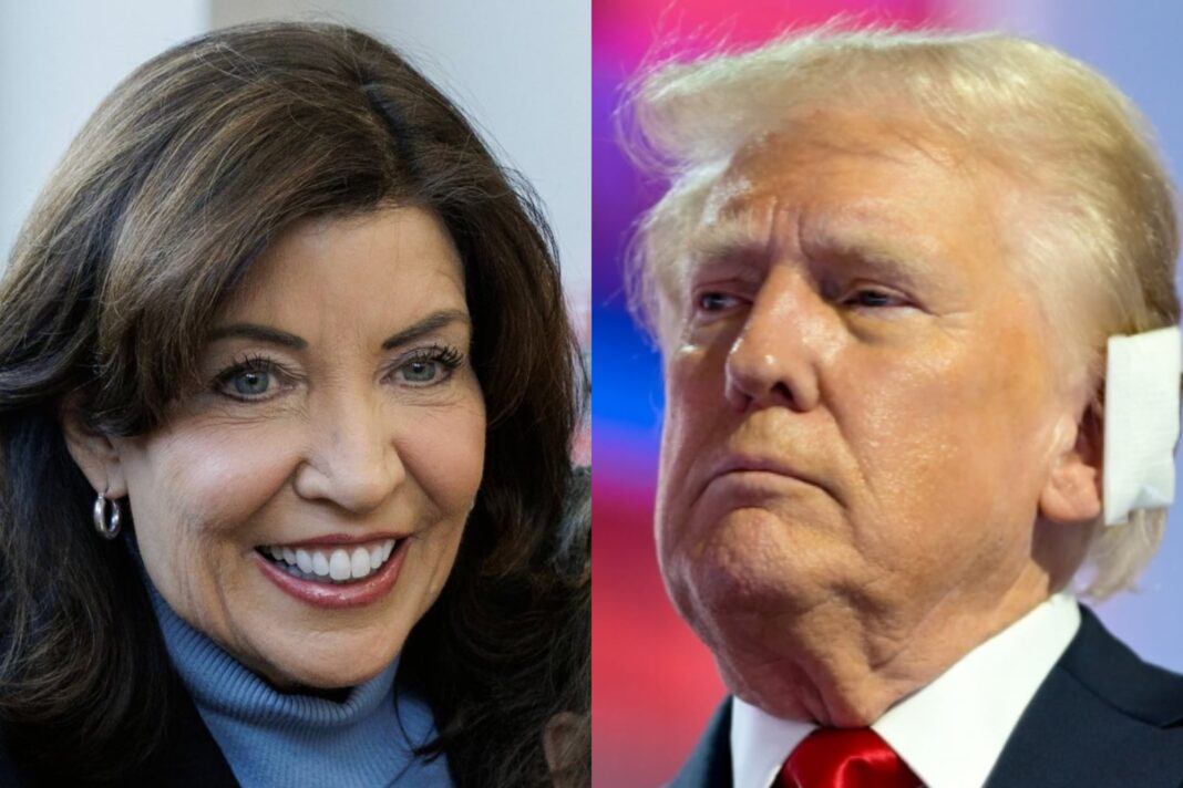 Edificio gubernamental y gráfico de datos, representando la investigación de Medicaid en Nueva York.