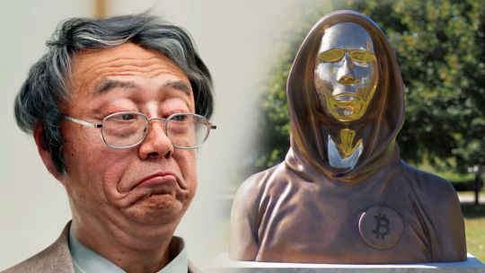 Ilustración conceptual de Bitcoin y un avatar en sombras representando a Satoshi Nakamoto