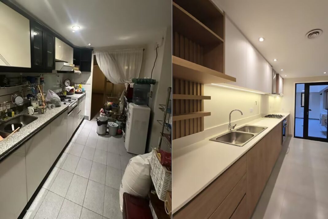 Fotografías comparativas mostrando el estado de un departamento en Caballito antes y después de su remodelación.