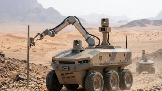 Robot de patrulla terrestre con sensores operando en un entorno desértico.