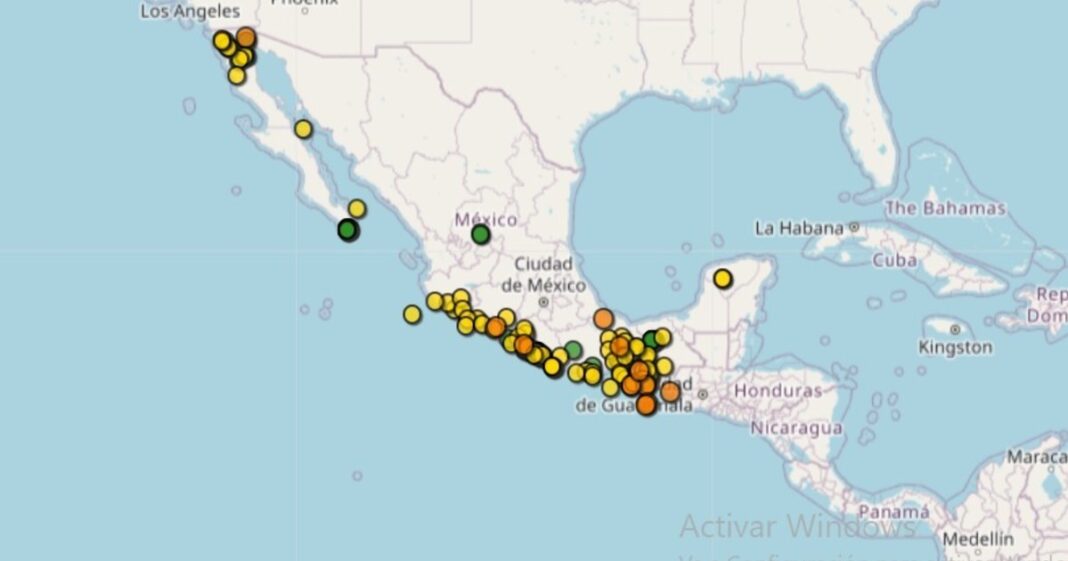 Mapa de actividad sísmica en México mostrando los epicentros registrados.