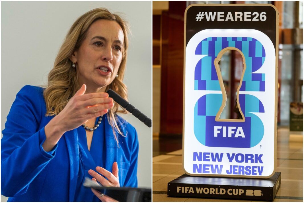 MetLife Stadium, sede de partidos del Mundial 2026 en Nueva Jersey, con transporte público en primer plano.