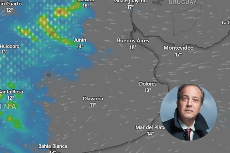 Mapa del pronóstico del tiempo mostrando nubosidad y lluvias sobre la región del AMBA