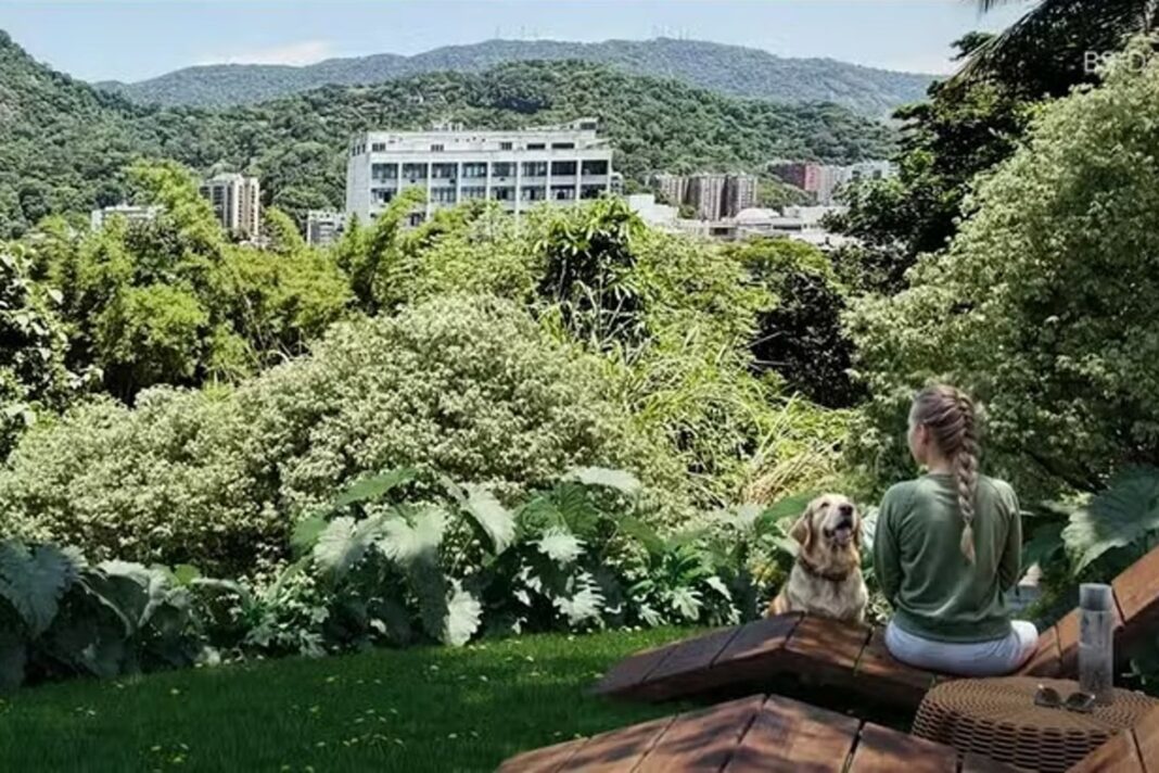 Vista aérea o representación de la zona de Jardim Pernambuco en Leblon, Río de Janeiro.
