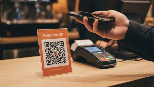 Ilustración de un teléfono móvil mostrando una app bancaria con símbolos de pagos internacionales y códigos QR.