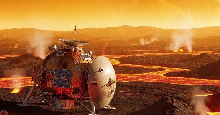 Ilustración artística de la sonda Venera-D de Rusia en la superficie hostil de Venus.