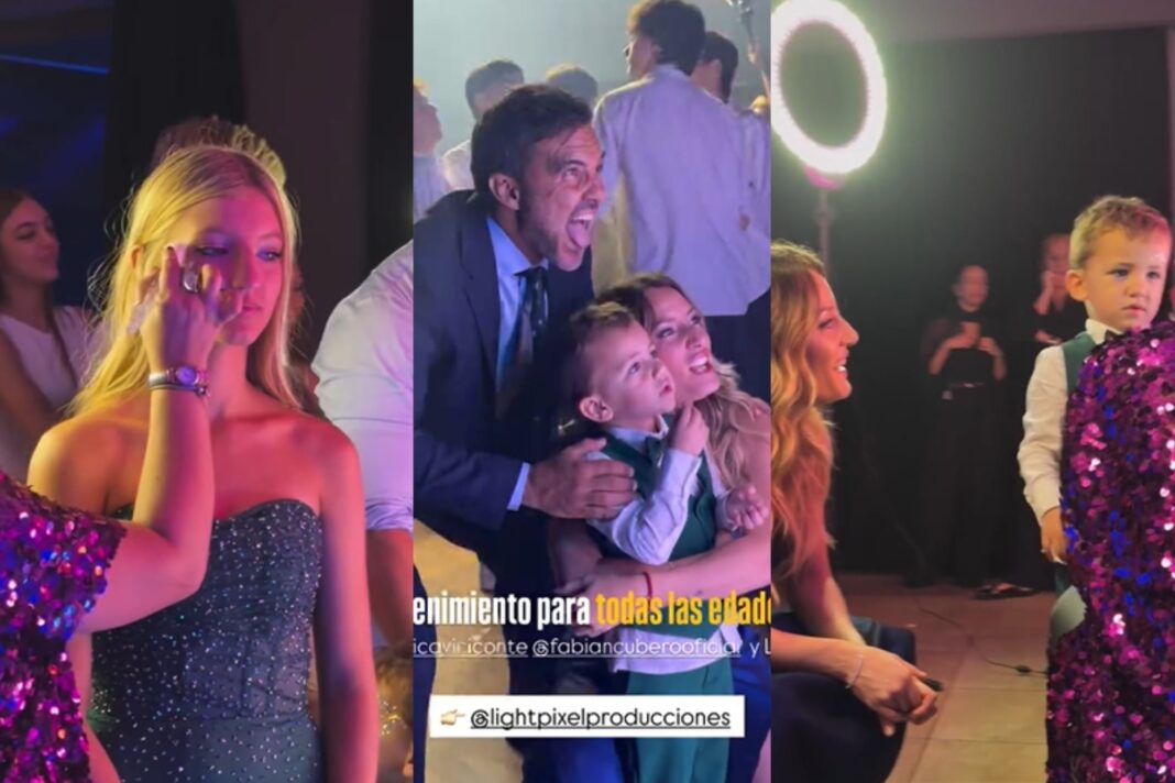 Allegra Cubero en su fiesta de 15 con vestido verde petróleo brilloso