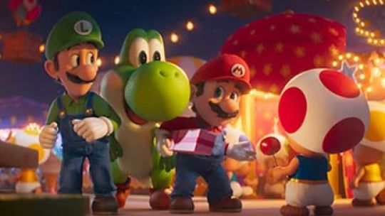 Póster o imagen promocional de la nueva película de Super Mario con los personajes principales.