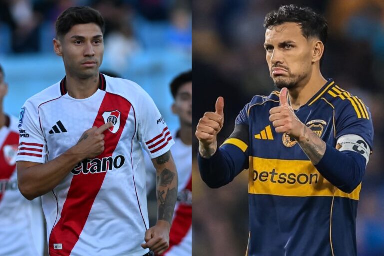 Escudos de River Plate y Boca Juniors enfrentados, representando el Superclásico argentino.