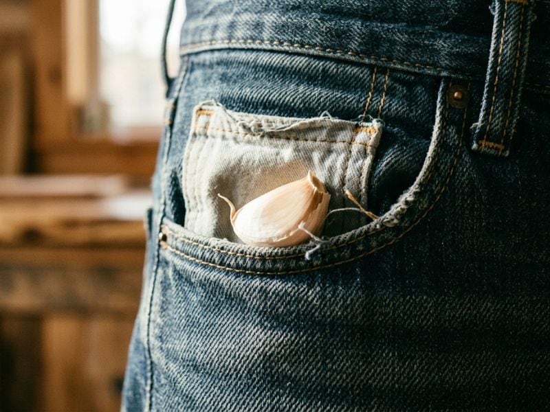 Diente de ajo en un bolsillo de pantalón como amuleto de protección