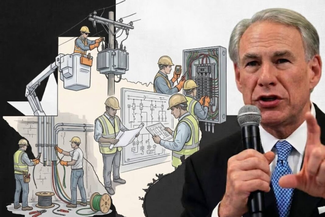Mapa del estado de Texas con un símbolo de licencia profesional y un interruptor eléctrico