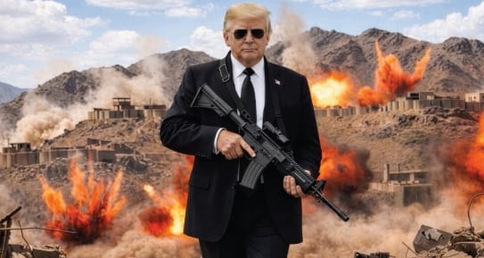 Imagen generada por inteligencia artificial de Donald Trump con gafas oscuras y un fusil, publicada en Truth Social