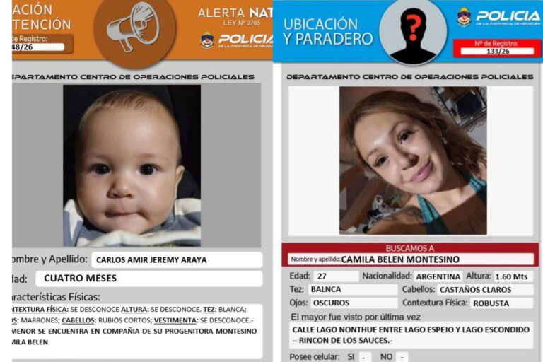 Foto de Camila Belén Montesino y su bebé Carlos Amir Jeremy Araya, desaparecidos en Neuquén