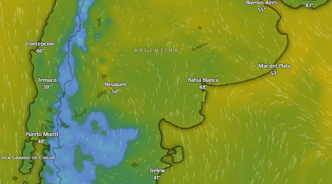 Mapa de alerta amarilla del SMN por vientos intensos en Argentina