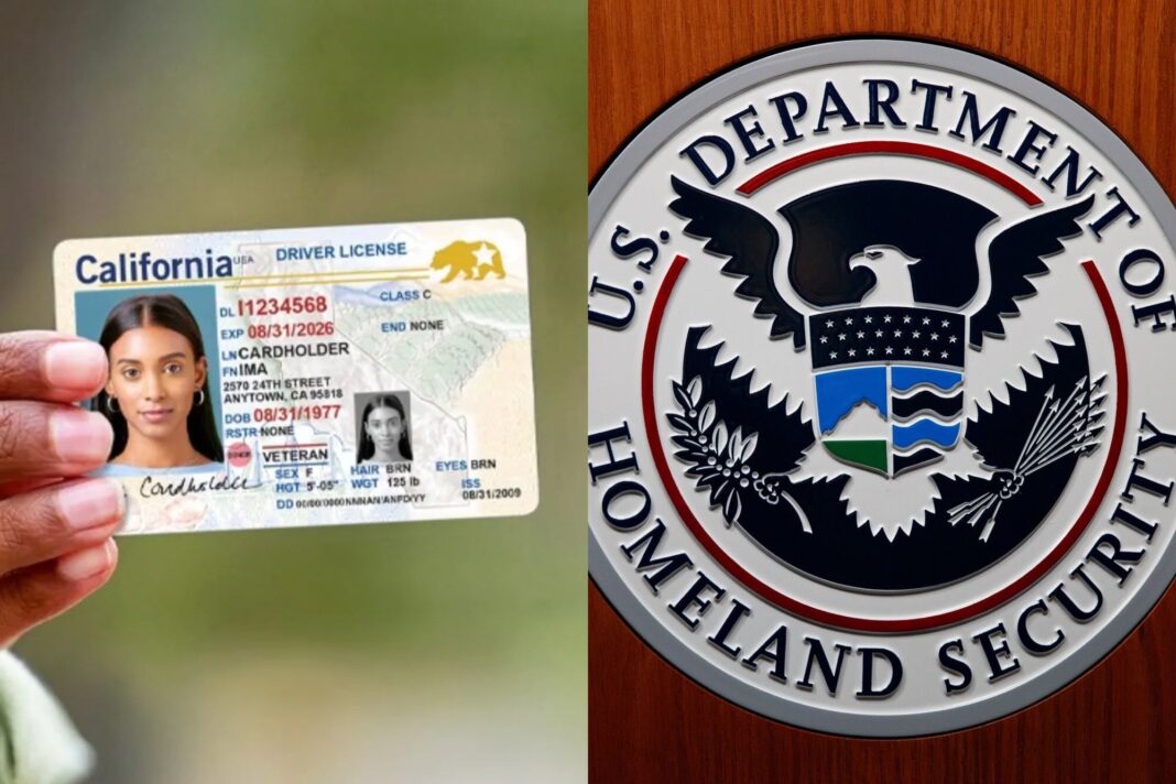 Fotografía de una licencia de conducir de California junto a un sello del DHS