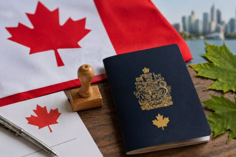 Bandera de Canadá y pasaporte canadiense