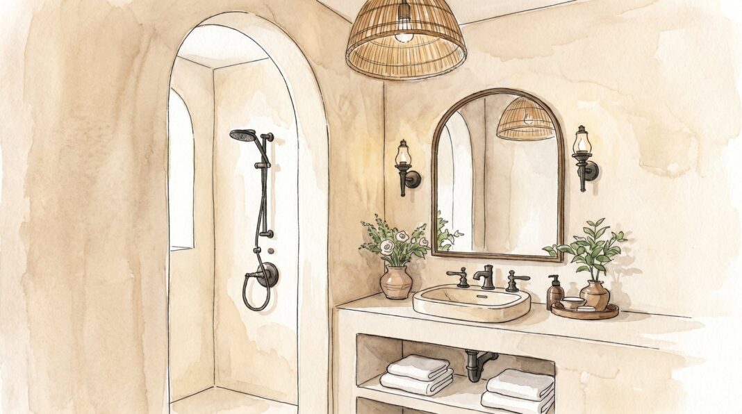 Baño moderno con gabinetes, espejo y plantas
