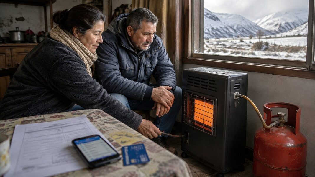 Persona sosteniendo una garrafa de gas en el exterior de una vivienda