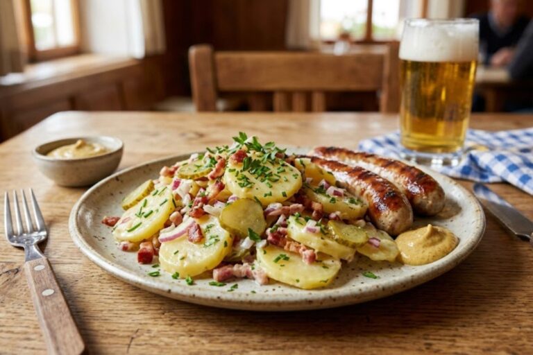 Kartoffelsalat, ensalada de papa alemana servida tibia con aderezo de mostaza y vinagre
