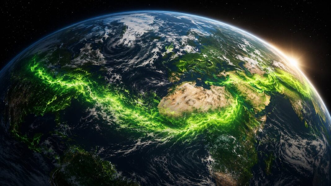Mapa satelital mostrando desplazamiento de la vegetación terrestre hacia el noreste