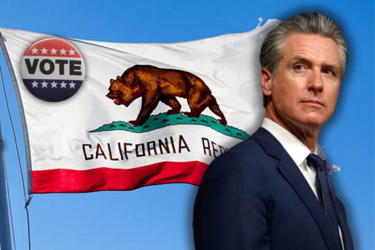 Mapa de California con banderas de Estados Unidos y gráficos de encuesta