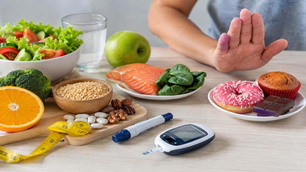 Persona revisando su nivel de glucosa en sangre junto a una variedad de alimentos saludables