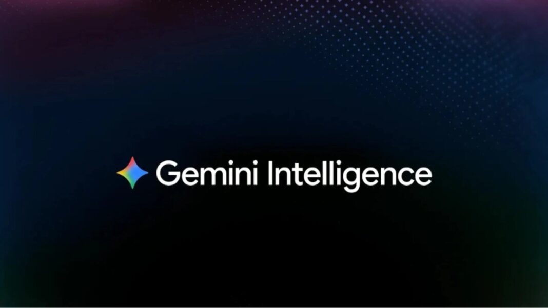 Ilustración de la interfaz de Gemini Intelligence en un teléfono Android con los modelos Pixel 10 y Galaxy S26