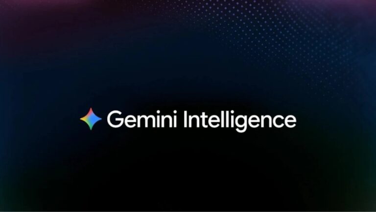 Ilustración de la interfaz de Gemini Intelligence en un teléfono Android con los modelos Pixel 10 y Galaxy S26