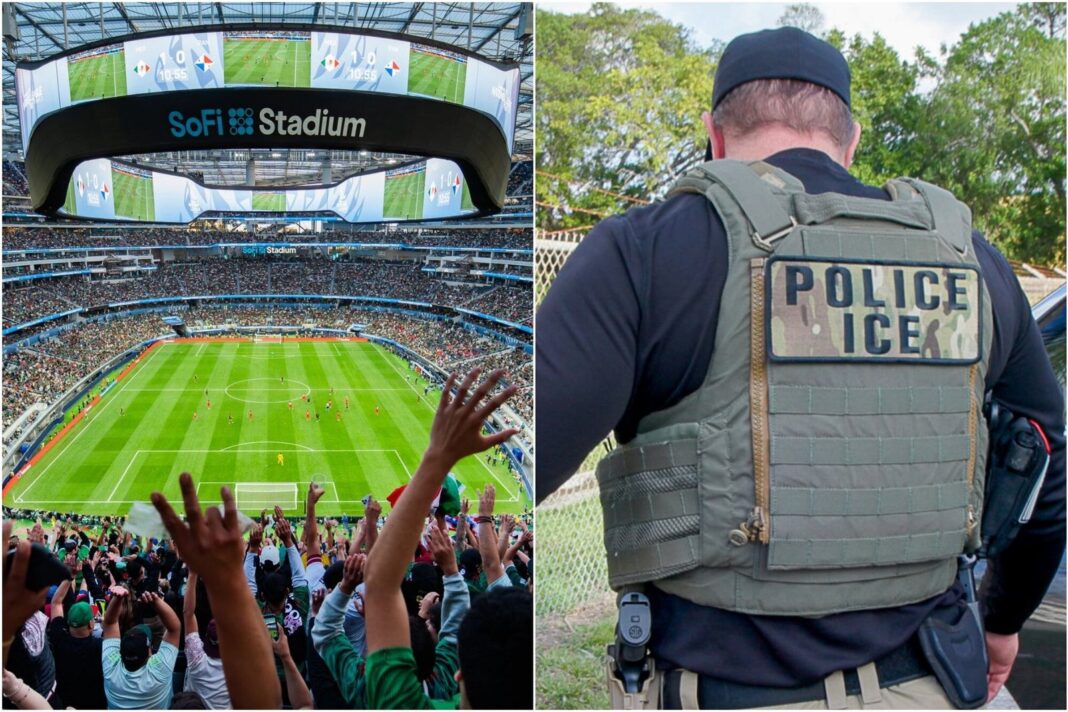 Estadio de fútbol con agentes de seguridad en primer plano durante el Mundial 2026