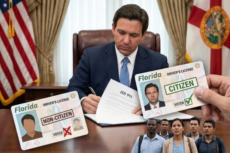 Señal de tránsito de Florida con texto sobre licencias de conducir y normativa 2026