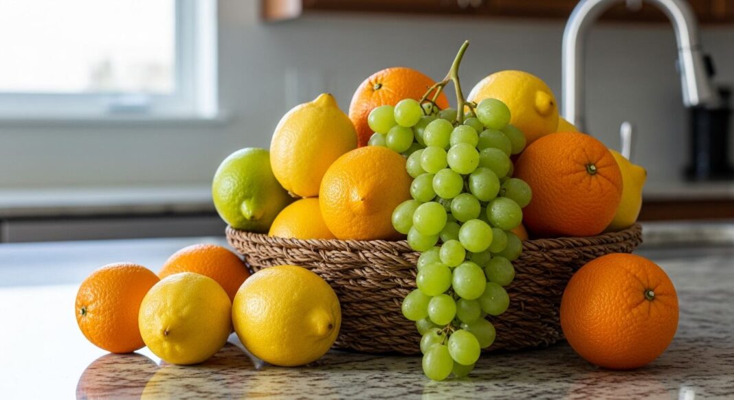 Cesta de frutas con limones, uvas y naranjas sobre una mesa de cocina