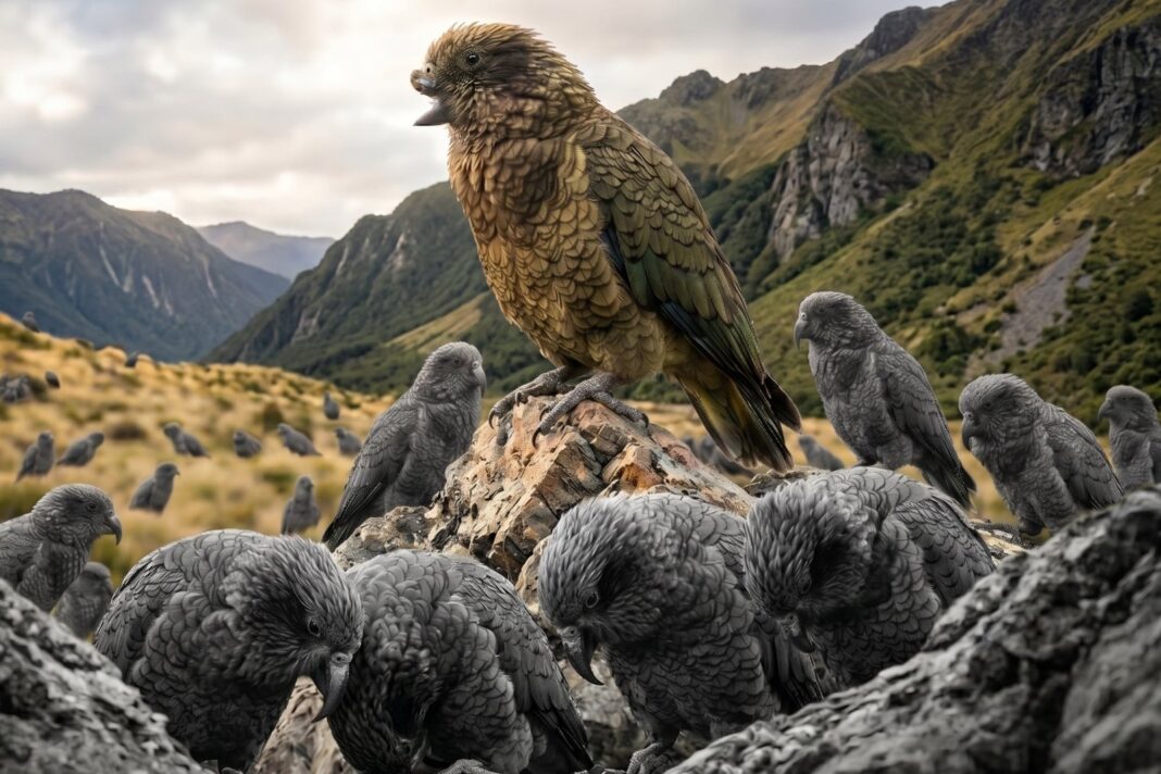 Loro kea Bruce con medio pico en la Reserva de Vida Silvestre de Willowbank