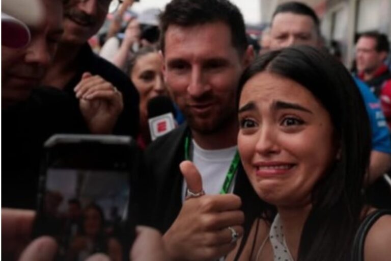 Maia Reficco y Lionel Messi sonriendo en el paddock del Gran Premio de Miami