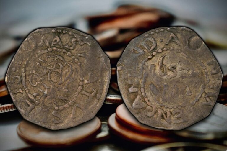 Moneda Willow Tree de 1652 de tres peniques en plata, anverso y reverso