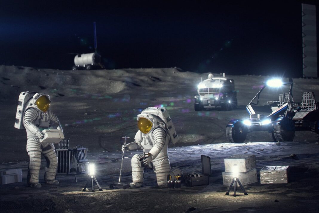 Representación artística de una base lunar con rovers y astronautas en el polo sur de la Luna