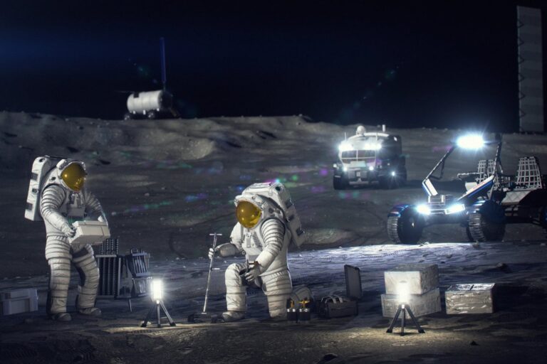 Representación artística de una base lunar con rovers y astronautas en el polo sur de la Luna