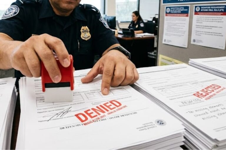 Documento de inmigración y sello del USCIS sobre una mesa
