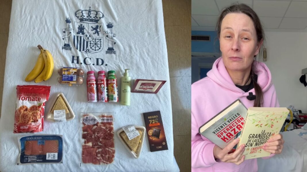 Paquete de provisiones sobre una cama de hospital con chocolate negro, plátanos y libros