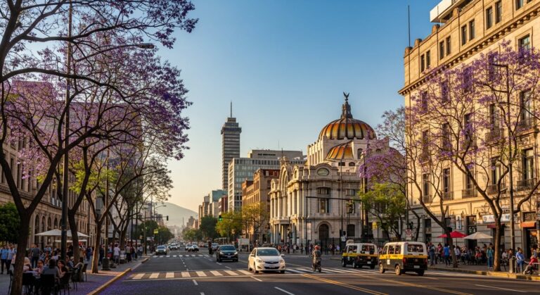 Vista de la Ciudad de México con cielo nublado y edificios emblemáticos