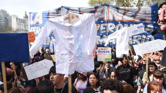 Marcha universitaria en Plaza de Mayo con carteles y banderas